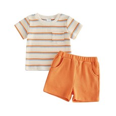 VISGOGO Toddler Boy Waffle Knit Striped Outfit Short Sleeve T-Shirt & Shorts Set Cute Baby Summer, Orange