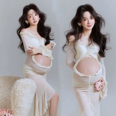 블랙 만삭 촬영 베이지 반목 화보 셀프 사진 임부복, 52번 드레스