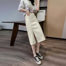 데님 스커트 여자 여름 얇은 스타일 2022년 하이웨이스트 날씬해 보이는 베이지색 a자 트임 엉덩이 스커트