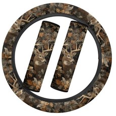 SEANATIVE 블랙 미국 국기 플란넬 자동차 액세서리 세트 푹신하고 신축성 있는 자동차 스티어링 휠 커버 두껍고 따뜻한 2피스 안전 벨트 커버 패드 자동 내부 겨울용, 카모 포레스트 사슴