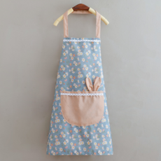 長袖圍裙 女 家用 廚房 防水防油 工作服 罩衣, 碎花兔耳朵藍（防水款）