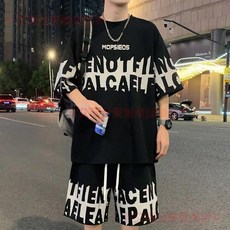 夏季大碼男裝休閒字母短袖套裝 寬鬆短褲兩件套 大尺碼百搭休閒運動套裝