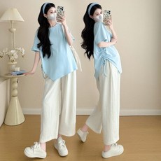 티류으스 여성 여름 임부복 빅사이즈 스트링 반팔 티셔츠 루즈핏 비대칭 롱티 WY