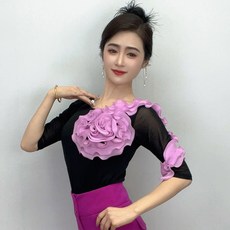 모던 댄스 의상 여성용 라운드 넥 꽃 팔 랩 스퀘어 댄스 탑 신축성 여름 셔츠 폴리에스터 원단