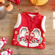 兒童年服馬甲 冬季紅色喜慶 刷毛寶寶背心 男寶新年衣服 中國風 舞獅 兒童冬季過年服裝