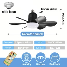 LED 천장 선풍기 전구 소켓 E27 베이스 리모컨 조광 가능 실내 홈 침실 서재 장식 팬 램프, 01 Black