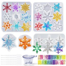 QENEQ 눈송이 실리콘 레진 몰드 키트 투명 크리스마스 장식 주조 15개 5.3-9.4cm(2.1-3.7인치) 사이즈 DIY 홀리데이 장식품 만들기, QENEQ 눈송이 실리콘 레진 몰드 키트, 투명, 크리