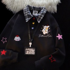 學院風小狗刺繡翻領POLO衫衛衣 假兩件設計 寬鬆長袖T恤