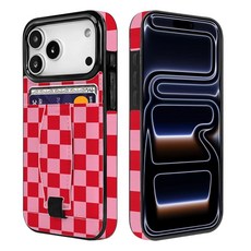 Rauoawby 아이폰 17 프로 맥스용 케이스 지갑 손가락 스트랩 킥스탠드 폰 카드 홀더 - 최대 3장의 보관 충격 방지 커버 여성 남성용 (핑크 레드 체크 무늬 맥스 6.