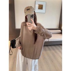 봄여름용 얇은 니트 자외선 차단 셔츠 루즈하고 여유로운 스타일의 캐주얼 V넥 긴팔 티셔츠 여성용 상의