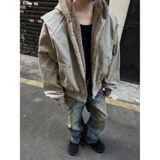 連帽毛領寬鬆多紐扣工裝棉服夾克外套