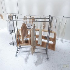 服裝展示架 衣架 晾衣桿 服裝店中島架 不銹鋼落地式展示架 女裝店雙桿雙杠掛衣架 簡約陳列架, 不銹鋼拉絲100*50*140cm,官方標配
