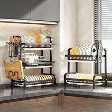 스텐 무타공 2단 식기건조대 주방 그릇 접시 정리대 물빠짐식 다용도 선반, 1개, A_이중 블랙 그릇 접시 선반 단일 선반, 1단