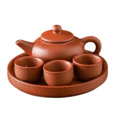 迷你指尖紫砂茶壺套裝, 一壺三杯 盤 朱泥扁復, 1個