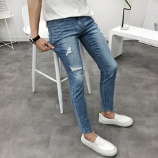 BASIC BIBLE 破壞腰部鬆緊淺藍色剪裁牛仔褲