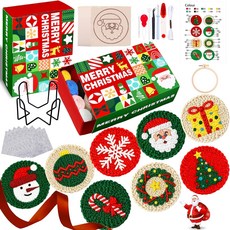 벨리브링 8개 크리스마스 펀치 바늘 터 키트 클래식 패턴 도구 실 후프 설명서 터 홀더 아트 공예 용품을 포함한 초보자용 DIY 펀치 바늘 자수 키트, Multicolor