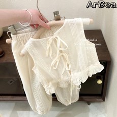 【Arbea】夏季薄款女童洋氣刺繡花邊背心束腳褲防蚊褲兩件套裝【C41】