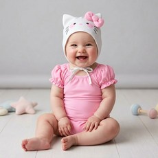 로이앤한나 냐옹이 신생아 3개월 6개월 9개월 돌 여아 여자아기 핑크 반팔 셔링 수영복 수모 세트