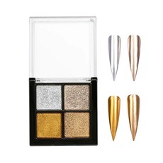 미라 파우더 4색 팔레트 네일 파우더 고형 미러 네일 파우더 골드 실버 오로라 파우더 젤네일 파우더 레진 네일 공방 네일 파츠 스폰지 팁 포함 (B)