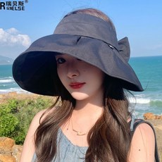 太陽帽女夏季騎車防曬帽風吹不翻硬帽檐防紫外線黑膠空頂遮陽帽子, 黑色