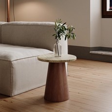 侘寂風天然洞石圓形茶几 復古簡約咖啡桌 民宿客廳家用組合桌, 邊几直徑45高45 岩板洞石