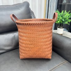 髒衣籃 美式臘腸狗造型衣物收納筐 仿藤編PU把手洗衣桶 網紅款居家收納, 圓形中號（上口直徑26cm高度26cm）