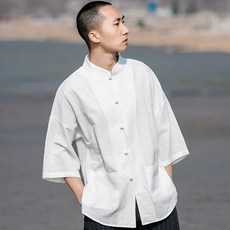 명상복 운동 템플스테이 단체복 명상 택견 편안한 개량 한복 스님 셔츠, 화이트 7부소매