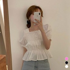 스퀘어넥 크롭 셔링 블라우스 셔츠 블랙 여름 반팔 퍼프 루즈핏 남방 화이트 베이직 프릴