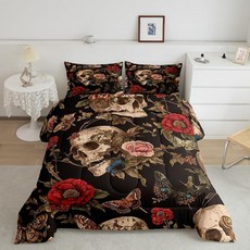 Feelyou 슈가 스컬 로즈 이불 트윈 사이즈 죽음의 나방 세트 남아 여아용 고딕 해골 꽃무늬 침구 세트 1개 + 베개 커버