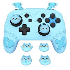 PlayVital Gothic Imp Series Cute Silicone Case for Nintendo Switch Pro Controller with 4 Thumb Gri, Aqua Blue