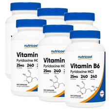 뉴트리코스트 비타민 B6 (피리독신 HCl) 25mg 캡슐 Nutricost Vitamin B6, 6개, 240정
