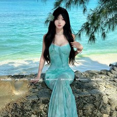 2025新款比基尼法式綠色印花網紗海邊沙灘包臀性感高級顯瘦魚尾裙