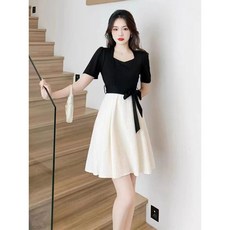 Yellwel 여성 여름 원피스 사각넥 허리띠 중간 기장 스커트 두 가지 스타일 연결 DJP