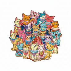 異形動物造型木質拼圖：不規則拼圖, 貓咪家族(小）, 1個, 100片