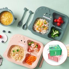 어린이 유아 식기세트 자기주도 이유식 아기 공룡 식판, 1개, 1공룡식판세트-그린