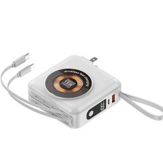 自帶AC插頭 Wh標示 可上飛機 20000mAh行動電源 超薄磁吸充电 支架行充 電量顯示 自帶雙線 多孔輸出 快充 Lightning+TYPE C QC3.0 行動充 口袋寶 充電寶 行充, 白色, 20000mAh新款行動電源