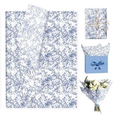 JOINFANXIN Chinoiserie 선물 포장지 빈티지 블루 화이트 꽃 아트 티슈 페이퍼 생일 웨딩 베이비 샤워 DIY 공예 파티 장식용 100장 35.1 x 50cm(