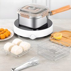 Oyoson 2 in 1 다용도 스텐 보관냄비 캠핑튀김기 스텐 밀폐용기 스텐 편수 냄비세트, 1개, 스테인리스 색