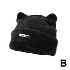 귀와 철 레이블 장식 비니 모자 플러시 고양이 겨울 가짜 탄성 니트 야외, 1개, 1. black