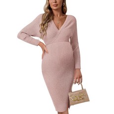 Guruixu 랩 브이넥 임산부 스웨터 드레스 리브 니트 배트윙 오픈 백 슬릿 베이비 샤워 사진 촬영 의상 블러쉬 핑크 231642