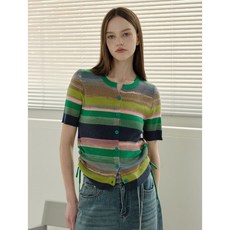 비엔엑스 여성용 라운드넥 스트라이프 배색 반팔 가디건 BX2CD005L0