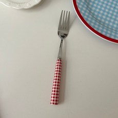 陶瓷餐具套裝 紅色格子格紋長柄湯匙 甜點叉 水果叉, 紅格陶瓷餐具 叉子, 1個