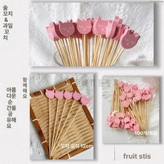 칵테일 데코픽 대나무 동물 모양 꼬치 과일 파티 이쑤시개, 1개, 12cm 핑크 고양이 머리