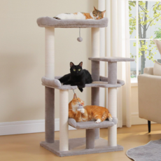 PAWZ Road 4단 패브릭 대형 플랫폼 고양이 캣타워 큰 사이즈 휴식공간 + 면끈 스크래쳐 + 낮은 단차, 1개, 그레이