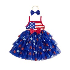 4th of July Little Girls Outfit Fourth of July Sleeveless Dress Stars Print Tulle Tutu Dresses Cut, Blue 4th of July