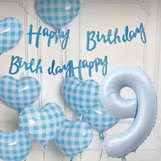 파파 파티 생일 가랜드 풍선 세트, 1세트, 블루 체크 하트 8p +가랜드 + 하늘색 숫자 풍선 9