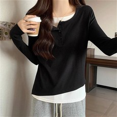 청순한 페이크 투피스 단추 임산부 긴팔 티셔츠
