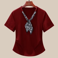 화이트 V넥 반소매 여성 티셔츠 2026년 여름 실크 스카프 디자인 유니크하고 매우 세련된 상의