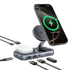 MOKiN 15W Qi2 무선 충전기가 있는 USB C 허브 4K HDMI로 노트북 도킹 스테이션 100W PD 10Gbps 포트 아이폰 16/15/14/13 및 에어팟