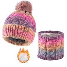 Bodvera 여성용 겨울 비니 모자 스카프 세트 보온 플리스 안감 폼폼 따뜻한 니트 넥 추운 날씨 2 In1 레인보우 단일 사이즈 159470, 2 In1 퍼플